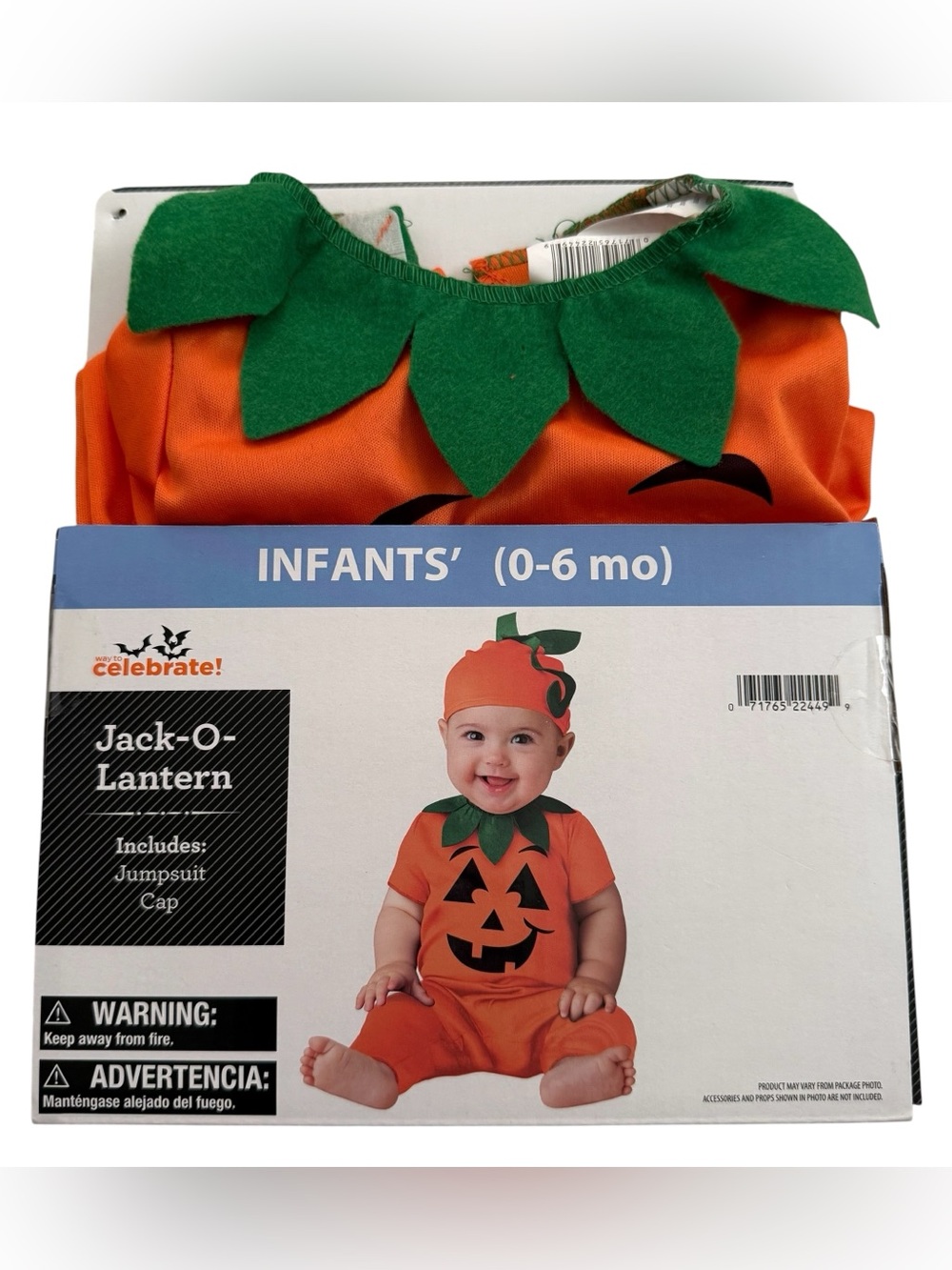 NWT Pumpkin Jack O'Lantern Halloween Costume Infant Size 0-6 Months Jumpsuit Cap